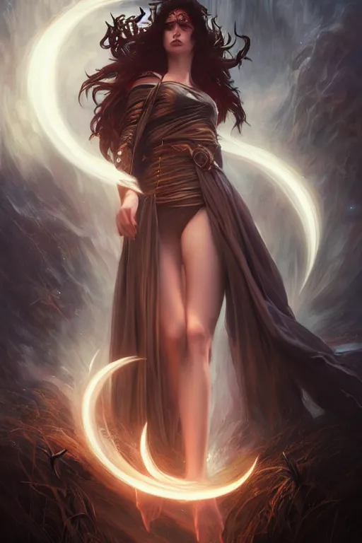 Image similar to seductive looking sorceress prays!!! magic the gathering, windy hair!, surreal dark fantasy, cinematic volumetric lights, portrait, dnd, intricate, elegant, highly detailed, digital painting, artstation, concept art, smooth, sharp focus, illustration, art by artgerm and tom bagshaw and greg rutkowski and alphonse mucha
