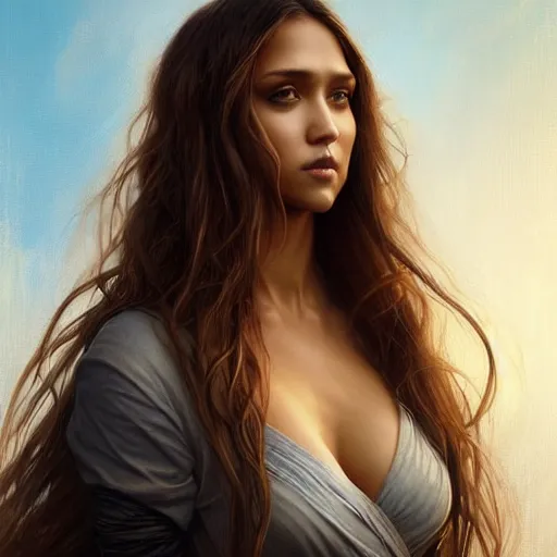 Image similar to beautiful striking Pre-Raphaelite Jessica Alba by Artgerm and Greg Rutkowski, flowing hair, intricate, elegant, highly detailed, digital painting