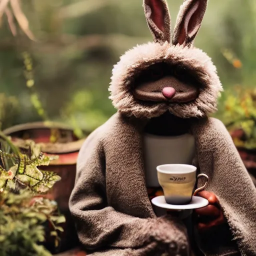 Image similar to a fluffy brown rabbit muppet wearing monk garb and holding a wolf skull mask and sat beside a cup of tea, photorealistic, nature, photography, national geographic, sesame street