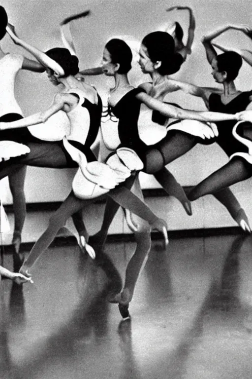 Prompt: Old black and white Soviet TV with four skeleton ballerinas performing Swan\'s Lake ballet. Extremely detailed. 4K. Award winning. Ultra realistic photo