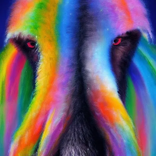 Image similar to wooly mammoth with long fluffy rainbow colored fur detailed oil painting 4k