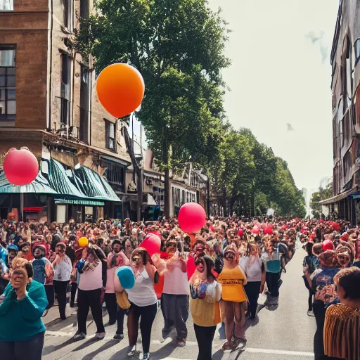 Prompt: A large group of people parading through the street each holding balloons, calm afternoon, natural lighting.