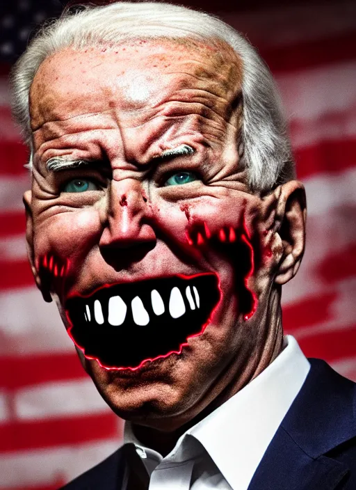 Image similar to hyper realistic terror photo Doom horror furious glowing red eyes biden