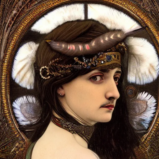 Prompt: highly detailed portrait of adolf hitler as a beautiful cute girl with feathers, endless black hair, with pale skin, fibonacci, fragile, sitted on an intricate stone throne by alphonse mucha, nicola samuri, dino valls, m. w. kaluta, rule of thirds, seductive look, 4 k resolution