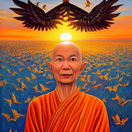 Image similar to Thich Naht Hanh with wings, flapping its wings flying in sunset sky, oil on canvas, portrait, intricate, 8k highly professionally detailed, HDR, CGsociety