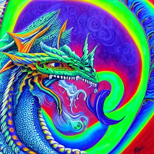 Prompt: a painting of a dragon with a psychedelic look, a detailed painting by alex grey, reddit contest winner, psychedelic art, detailed painting, psychedelic, ( ( made of crystals ) )