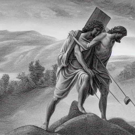 Image similar to pencil illustration of Jesus carrying the cross to the hill, detailed, 8k