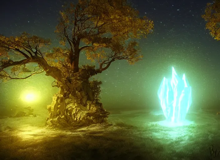 Image similar to portal tree on a luminescent crystal biome by pixae, ultra detailed, fantasy, hyper realism, art, smooth, beautiful art, masterpiece, landscape, cinematic, wet reflections, ray tracing x, rtx, smooth