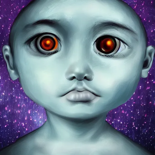 Prompt: a wide eyed child lost and small in an ai's dream, digital art