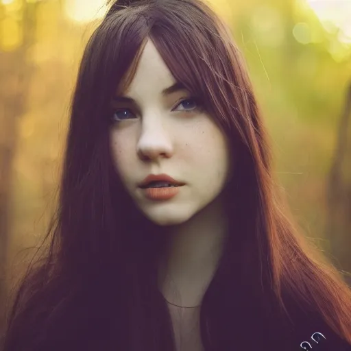 Prompt: real life photo of a beautiful girl, full body photoshoot, long black hair, full round face, short smile, brown shirt, forest setting, cinematic lightning, medium shot, mid - shot, highly detailed, trending on artstation, iso 2 0 0, f 1. 4, 8 0 mm, 8 5 mm, natural light