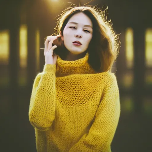 Prompt: a portrait photography of a woman wearing a yellow knitted turtleneck sweater that covers half her face. long hair. agfa vista 4 0 0 film. detailed. depth of field. cinematic. lens flare. grainy film. warm light.