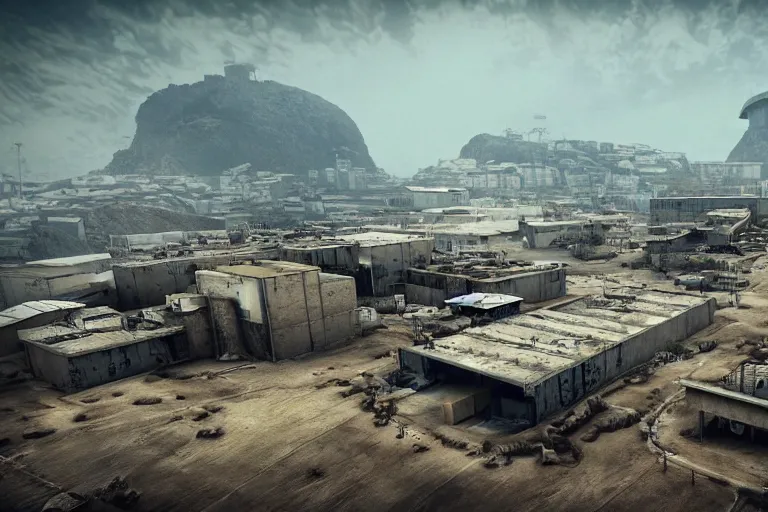 Image similar to favela hospital hangar bunker, desert environment, industrial factory, cliffs, gloomy, milky way, award winning art, epic dreamlike fantasy landscape, ultra realistic,