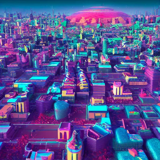 Prompt: a utopia city, drone shot, digital art highly detailed, vibrant colors, realistic, sharp focus by by maxwell, beeple, lisa frank, octane render