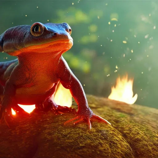 Image similar to cute salamander, fire on back, pet, mythical creature, digital art, raytraced, octane engine, high quality