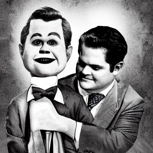 Prompt: matt gaetz as a creepy ventriloquist puppet from an old horror movie, b & w, twilight zone, digital illustration, 8 k,