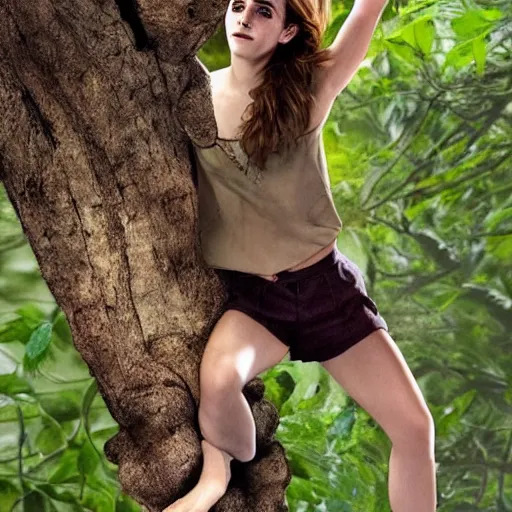 Image similar to emma watson hanging from and entangled in vines in the style of tarzan