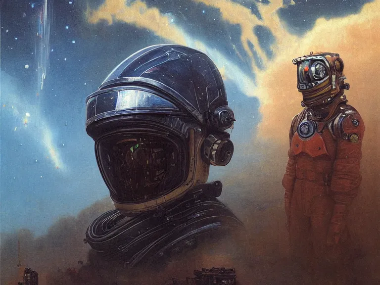 Prompt: a detailed profile oil painting of a lone bounty hunter in space armour and visor, cinematic sci-fi poster. technology flight suit, bounty hunter portrait symmetrical and science fiction theme with lightning, aurora lighting clouds and stars by beksinski carl spitzweg and tuomas korpi. baroque elements. baroque element. intricate artwork by caravaggio. Trending on artstation. 8k