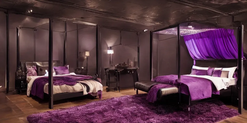 Prompt: night time, moody dark, dark purple leather dungeon bedroom with king size canopy bed, blade runner 2 0 4 9