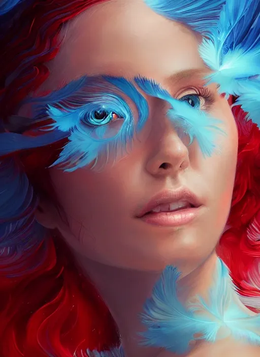 Image similar to a painting of a woman who made of curly and transparent feathers and cloud with red edges is holding a sword, a digital painting by charlie bowater, made of many translucent layers of blue feathers and cloud, metaphysical painting, speedpainting, digital painting, holographic undertones, highly saturated colors, 4 k, glossy eyes, concept art, trending on artstation