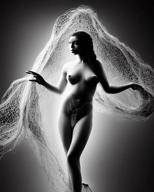 Image similar to surreal mythical dreamy dark artistic black and white fine art photo of a beautiful young female angel - mermaid - cyborg covered with translucent algae lace web, rim light, cinematic, studio dramatic light, poetic, octane render, 8 k, photo - realistic, by floria sigismondi