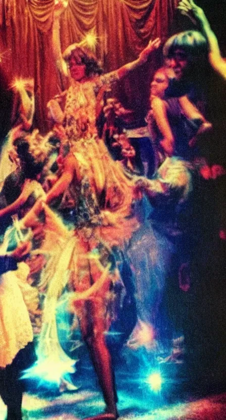 Image similar to the Antichrist dancing at Studio 54, disco, realistic, saturated color, ghosts in the background, high contrast, strobe lights, sparkles, depth of field, 1976, bad VHS