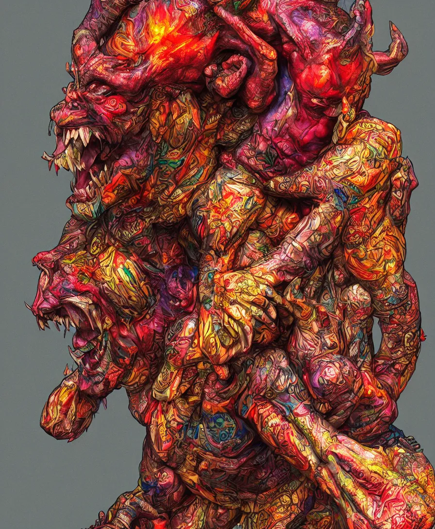 Image similar to devil holding a person, colorful, intricate, ultra detailed, photorealistic, trending on artstation
