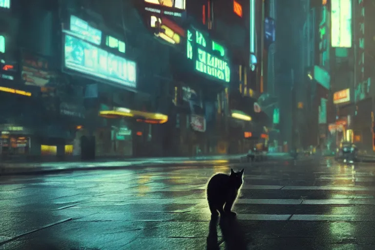 Image similar to VFX movie of a futuristic cat walking through a cyberpunk city rainy night natural lighting by Emmanuel Lubezki