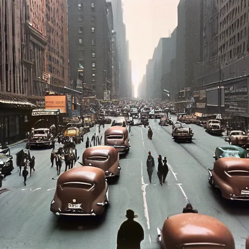 Prompt: a kodachrome photograph of a busy new york city street 1940s, early morning rush hour, morning light, photorealistic