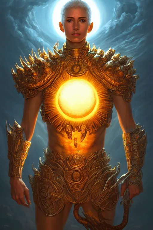 Image similar to humanoid god of the sun, highly detailed, d & d, fantasy, hyper detailed, digital painting, trending on artstation, apollo, concept art, sharp focus, illustration, art by artgerm and magali villeneuve and greg rutkowski and michael whelan, cryengine, 8 k realistic atmospheric lighting, frostbite 3 engine