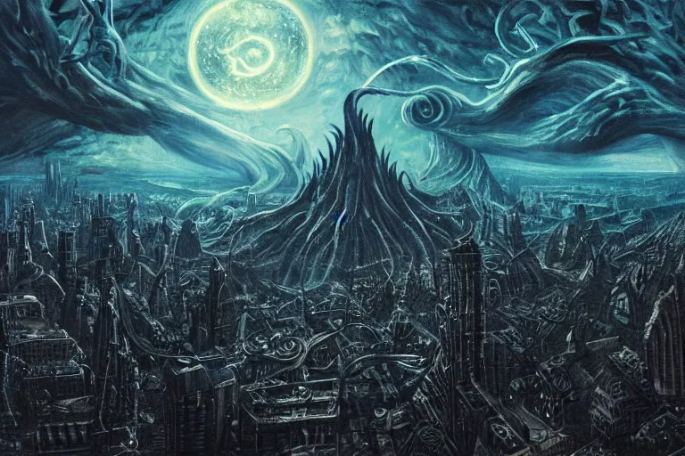 Prompt: man is seeing old god eldritch horror cthulhu terrifying the night sky of a modern city with tall buildings, epic scene, hyper - detailed, gigantic cthulhu, photo - realistic wallpaper, dark art, oil paint