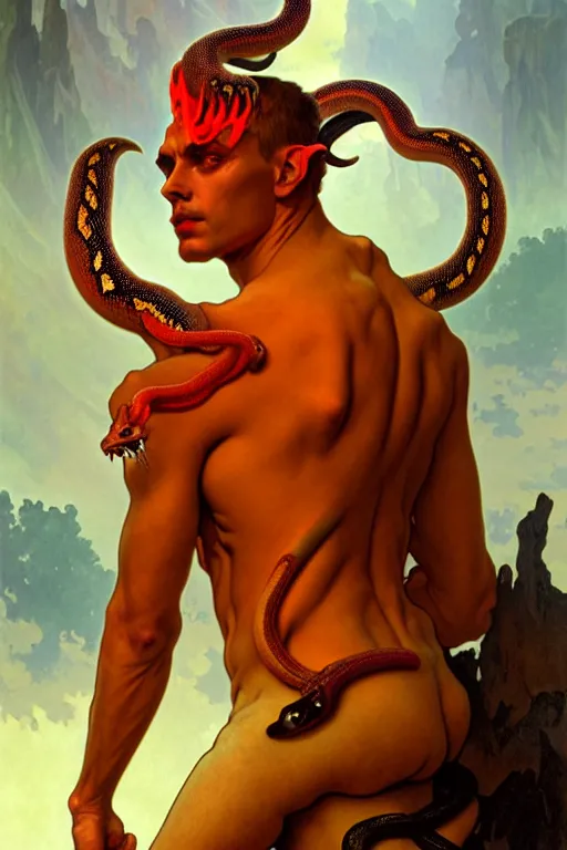 Image similar to portrait of a beautiful young fit male demon with ram horns, scaly snake like body, hellish scene, by greg rutkowski and alphonse mucha, d & d character, gradient red to yellow, in front of an hellish landscape background, highly detailed portrait, digital painting, artstation, concept art, smooth, sharp focus ilustration, artstation hq