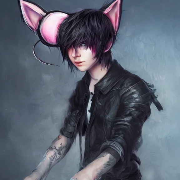 Prompt: emo boy with cat ears and tail, fantasy artwork, mid-shot, award winning, hyper detailed, very very very very very beautiful!, studio lighting, artstation