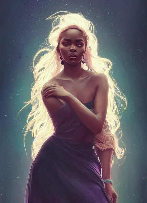 Image similar to handsome young black women with shoulder length white hair, half body shot, path traced, highly detailed, high quality, digital painting, alena aenami, lilia alvarado, shinji aramaki, karol bak, alphonse mucha, tom bagshaw