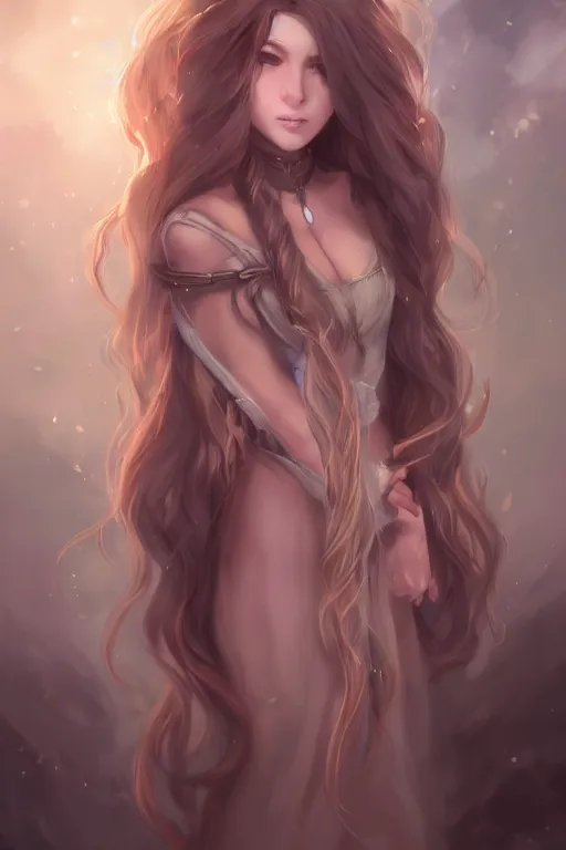 Prompt: A beautiful female cleric with long flowing hair by WLOP