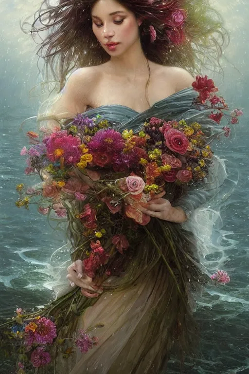 Prompt: portrait of a beautiful mysterious woman holding a bouquet of flowing flowers, wet dripping long hair, hands hidden under the bouquet, emerging from the water, fantasy, regal, intricate, by stanley artgerm lau, greg rutkowski, thomas kindkade, alphonse mucha, loish, norman rockwell