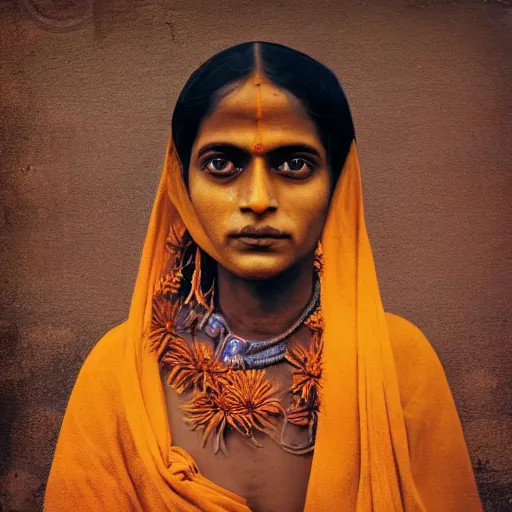 Image similar to realistic expired kodak film portrait of strange india woman cosmic mix, marigold celestial vibe, hyperrealism, hypermaxiymalism, photorealistic, detailed, atmospheric, 8 k, award winning photography, cinematic