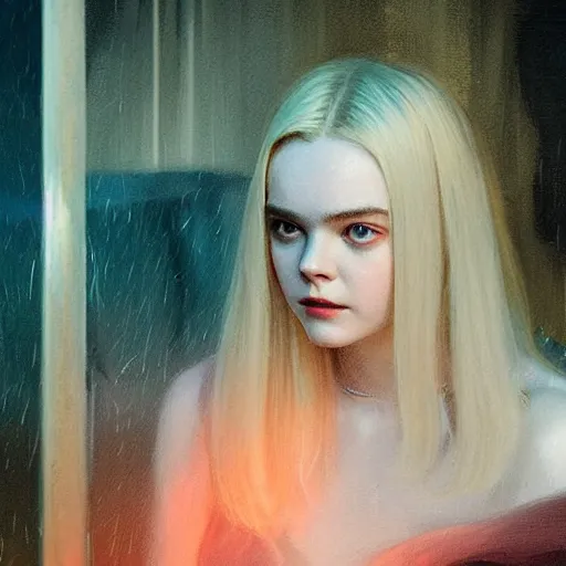 Prompt: Elle Fanning at night in the world of John Sargent, stormy weather, extremely detailed masterpiece, oil on canvas, low-key neon lighting, artstation, Blade Runner 2049, Roger Deakin’s cinematography, by J. C. Leyendecker and Peter Paul Rubens,
