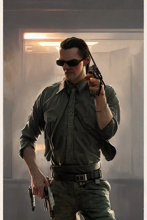 Prompt: Cinematic portrait of a Redneck version of Neo from The Matrix outside his trailer park home, highly detailed, digital painting, artstation, concept art, smooth, sharp focus, illustration, art by artgerm and greg rutkowski and alphonse mucha