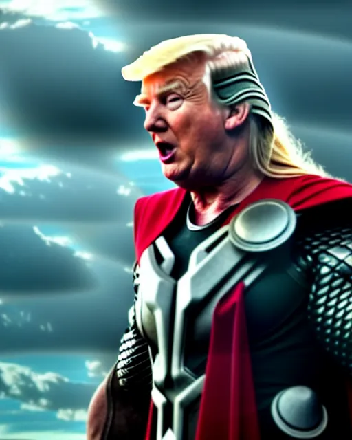 Prompt: cinematic still, donald trump as thor, avengers endgame ( 2 0 1 9 )