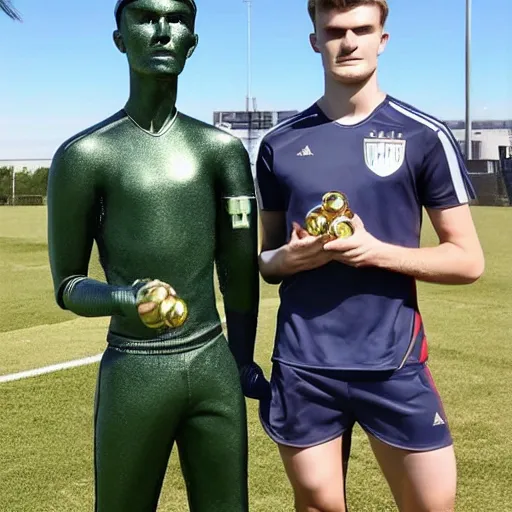 Image similar to a realistic detailed photo of a guy who is an attractive humanoid who is half robot and half humanoid, who is a male android, soccer players martin ødegaard & timo werner, shiny skin, posing like a statue, blank stare, by the pool, on display, showing off his muscles, gold soccer shorts, no jersey, statue, many copies of them