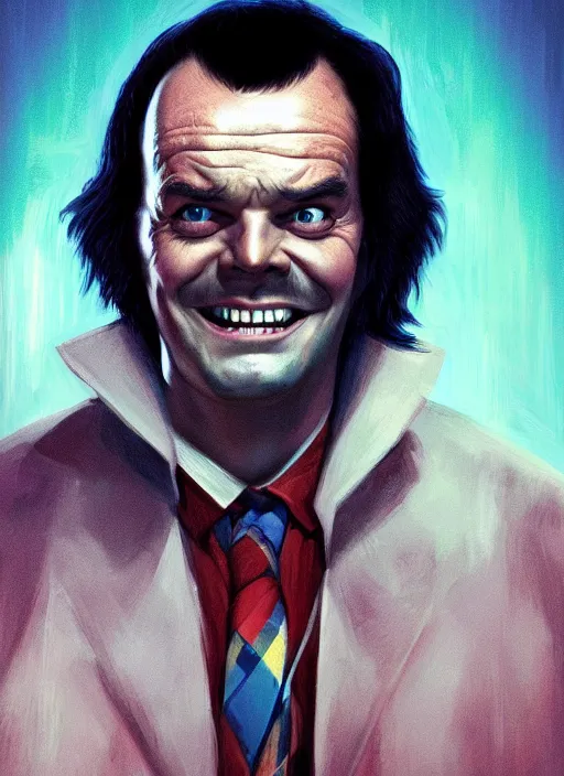 Image similar to young jack nicholson as jack torrance from the shining ( 1 9 8 0 ) portrait illustrated by rossdraws, vivid colors, soft lighting, digital artwork 4 k, best of artstation