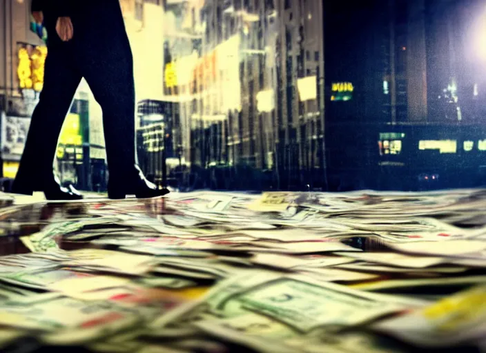 Prompt: a 3 5 mm photo from the back of a man walking through dollar bills flying through the air, splash art, movie still, bokeh, canon 5 0 mm, cinematic lighting, dramatic, film, photography, golden hour, depth of field, award - winning, anamorphic lens flare, 8 k, hyper detailed, 3 5 mm film grain