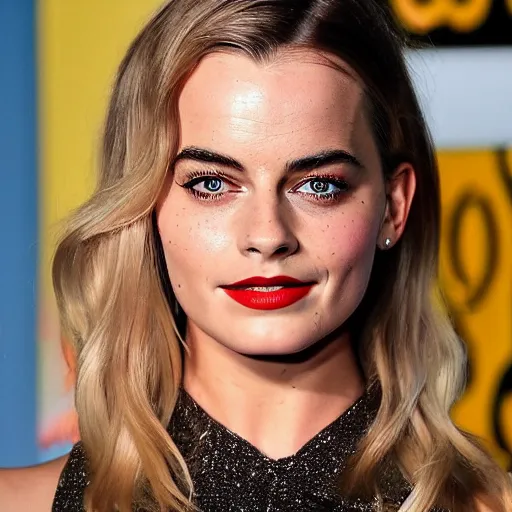 Image similar to a woman who is a genetic combination of margot robbie and emma watson face and upper - body focus