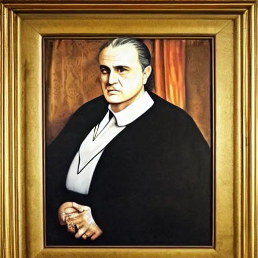 Image similar to a renaissance style portrait painting of Vito Corleone