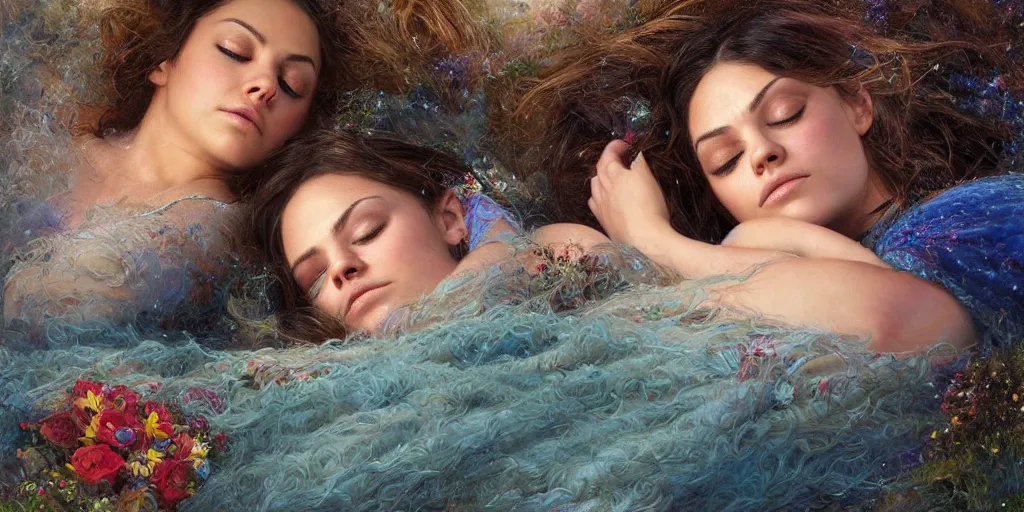 Image similar to Mila Kunis falling asleep, Lilia Alvarado, Sophie Anderson, Mark Arian, Bob Byerley, Charlie Bowater, Mark Brooks, Steve Henderson, Justin Gerard, Arthur Hughes, Edward Robert Hughes, Mark Keathley, Victor Nizovtsev, Carlos Shwabe, Ross Tran, WLOP