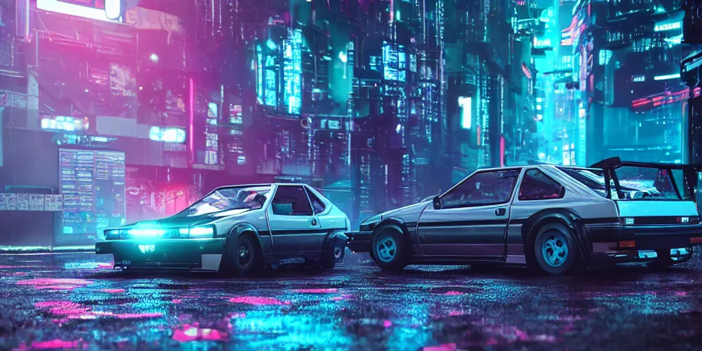 Prompt: toyota ae 8 4 sprinter trueno parked in a cyber punk alley, retrowave, synth colors, photo realistic, 8 k, rain, raytracing, reflections, neon colors,