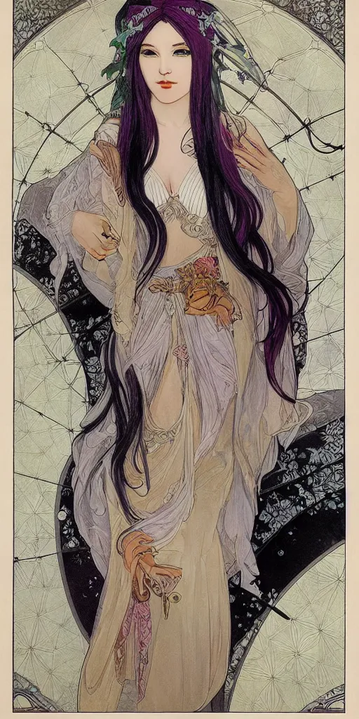 Prompt: of beautiful and gorgeous elf woman covered in wet cloak with white Japanese dress undercover, white grime on face, black volume hair in tail, style of Alfons Mucha, stylized, midtones, colorfull gradients, details