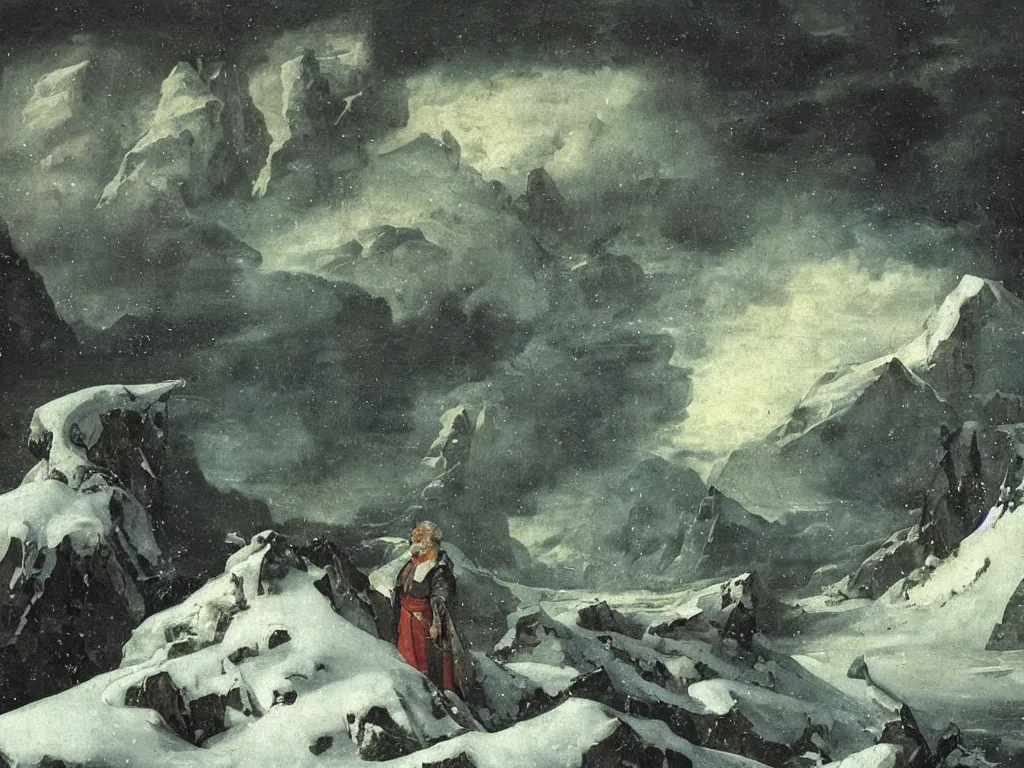 Prompt: Close up of a dreamy man, frozen, with icicles in his beard. Landscape with snowstorm, forlorn rocks, icicles, crooked forest, dark clouds, snowcapped mountains in the background. Painting by Lorenzo Lotto.