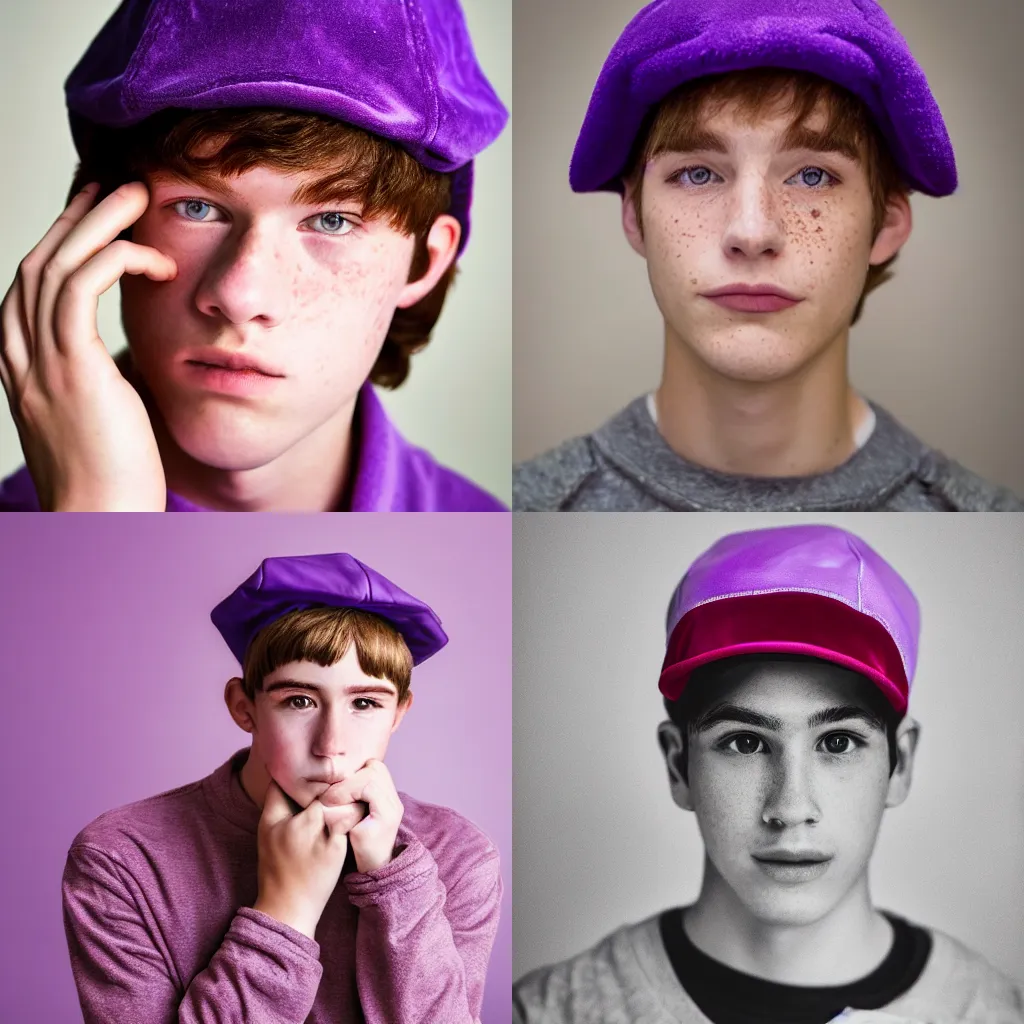 Prompt: portrait of boy ( highschool senior ) with freckles wearing a violet velour basecap, looking shyly into the camera for a cover of a gay print magazine, f 1. 4, award winning photograph, experimental lighting, soft focus