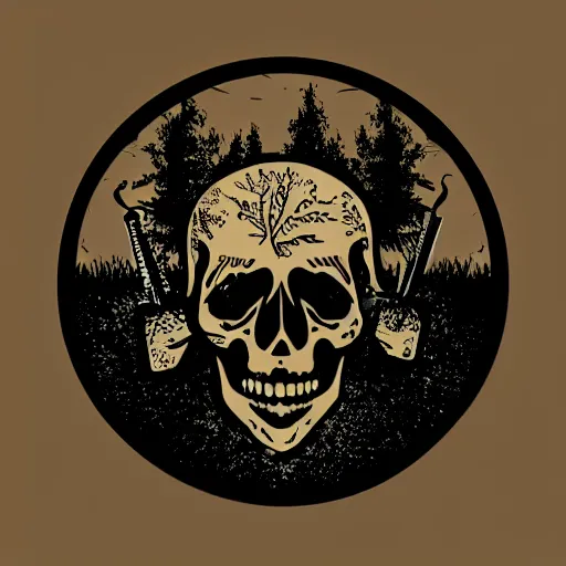 Image similar to dark death metal themed vector illustration for a record label, trees. forest, spikes, skull, microphone, skull, award winning, grunge, iconic, golden ratio